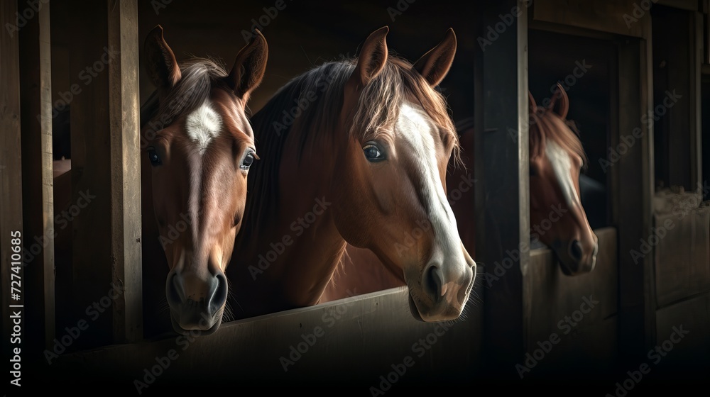 Horses looking out from stable windows. Concept of horse stabling, animal care, sports equestrian club, farm life, equine curiosity. Horses looking out from stable windows. Concept of horse stabling, animal care, sports equestrian club, farm life, equine curiosity.