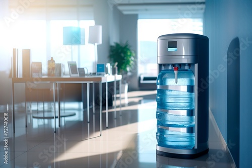 Sleek black water cooler in a kitchen setting. Concept of hydration technology, filtered water, modern home, and healthy lifestyle. Copy space photo