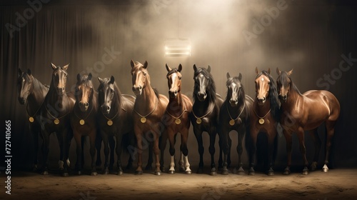 Group of horses standing under a spotlight, with a dramatic backdrop. Concept of equine beauty, performance, majestic creatures, animal gathering, show preparation
