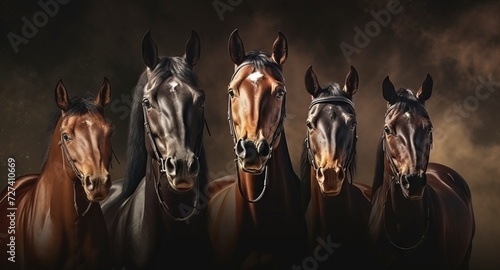 Lineup of five majestic horses against a dark backdrop. Concept of equine beauty, horse breeds showcase, animal portraiture, horsemanship, breed variety
