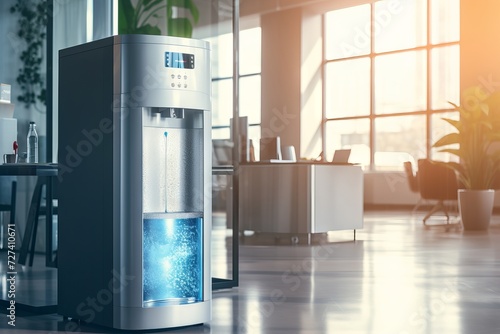 Modern water cooler in well-lit office. Concept of corporate wellness, hydration station, office hydration solutions, and drinking water. Copy space photo