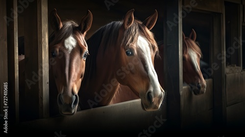 Horses looking out from stable windows. Concept of horse stabling, animal care, sports equestrian club, farm life, equine curiosity.
