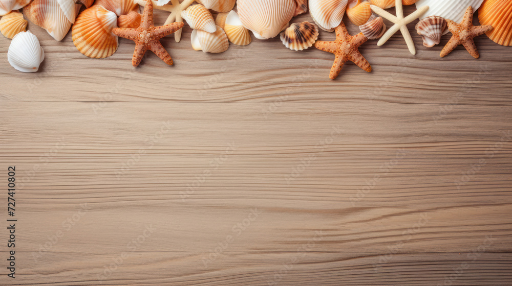 Exotic starfish and seashells on a wooden background. Summer sea holiday. Flat lay, top view, copy space