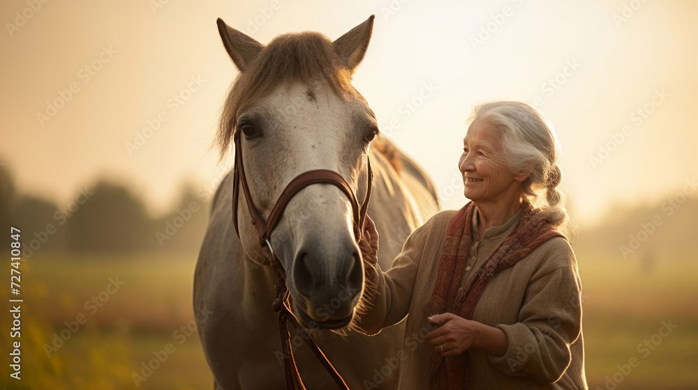 Obraz premium Elderly woman with a horse at sunset. Concept of animal companionship, equine therapy, senior leisure activities, equestrian love, and tranquil dusk.