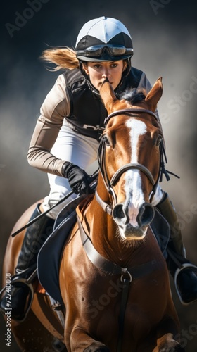 Female jockey riding bay horse in full gallop. Concept of equestrian sport, horseback riding, race training, and athleticism. Vertical format © Jafree