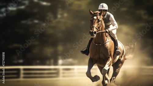 Racehorse galloping fiercely on dusty track with its jockey. Concept of action, horse racing, competitive sport, and high speed.