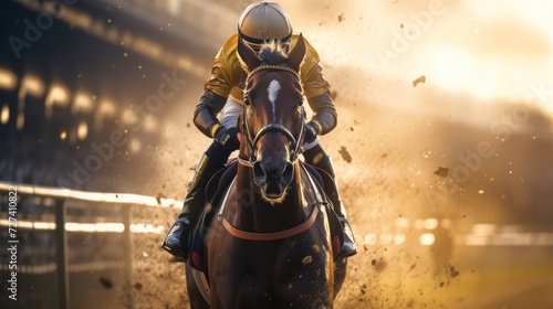 A racehorse galloping fiercely on a dusty track with its jockey. Concept of action, horse racing, competitive sport, and high speed. © Jafree