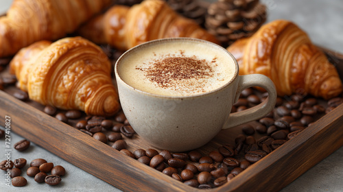 A mug of latte coffee with Croissant coffee break on wooden table. italian breakfast. Fresh croissant with coffee and latte art on plate