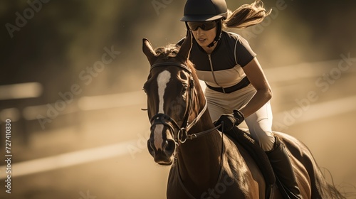 Determined woman jockey on racing horse, action-filled scene. Concept of speed, equestrian competition, horse training, and sporting events. Copy space