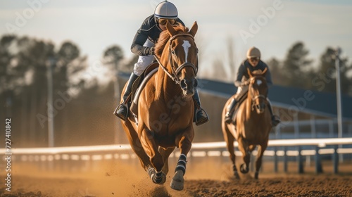 Jockeys in a horse race on a dusty track. Concept of competitive horse racing, speed, and equestrian sports. © Jafree