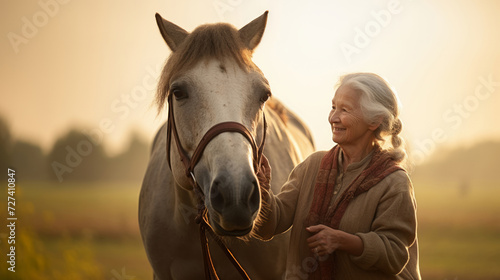 Elderly woman with a horse at sunset. Concept of animal companionship, equine therapy, senior leisure activities, equestrian love, and tranquil dusk.
