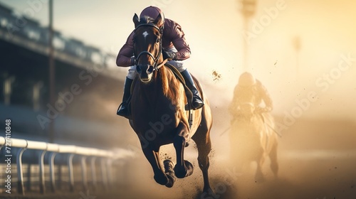 Horse and jockey in intense race competition, dust flying on racetrack. Concept of equestrian sports, racing speed, stamina, and winning. Copy space