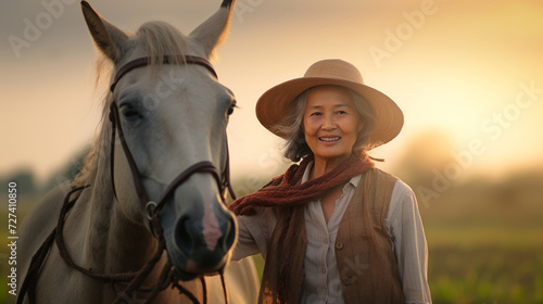 Elderly woman with a white horse at sunset. Concept of animal companionship, equine therapy, senior leisure activities, equestrian love, and tranquil dusk.
