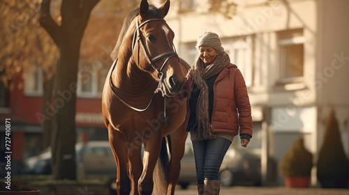 Elderly lady walking with her horse. Concept of animal therapy, companionship, elderly care, leisure and nature bonding.