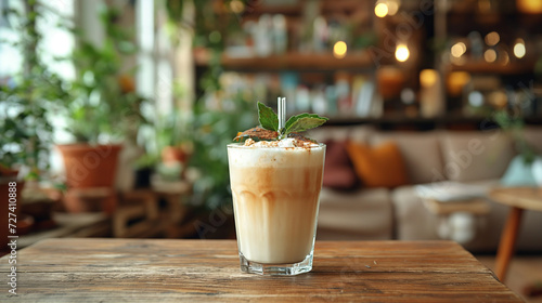 Ice coffee in a tall glass with cream poured over and coffee beans. Cold summer drink on a blurred background. Iced coffee in a transparent glass with ice and milk