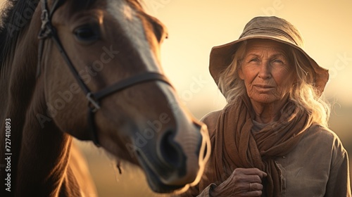 Elderly woman in hat with horse at sunset. Concept of animal companionship, equine therapy, senior leisure activities, equestrian love, and tranquil dusk. © Jafree