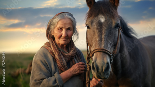 Mature woman with a horse in a field. Concept of rural life, nature bonding, animal partnership, and traditional living.