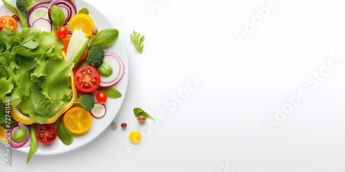 Fresh vegetable salad. Vegetarian food with white background and copyspace. Healthy food background. For banner  flyer  advertising  wallpaper. 