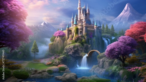 Fantasy landscape with majestic castle among waterfalls and colorful trees. Dreamy scenery.