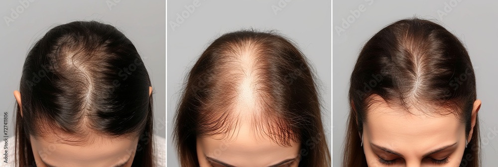 Woman with hair loss problem before and after treatment on grey background, collage. Visiting trichologist - obrazy, fototapety, plakaty 