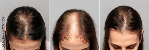 Woman with hair loss problem before and after treatment on grey background, collage. Visiting trichologist photo