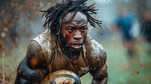 an african aggressive rugby player on the pitch screaming, he is holding a rugby ball, 