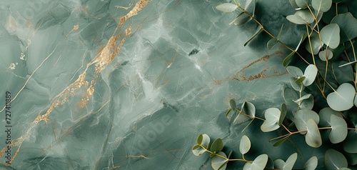 Eucalyptus branches on a heavenly marble surface. Horizontal background with luxury floral composition with copy space. © vik.stock