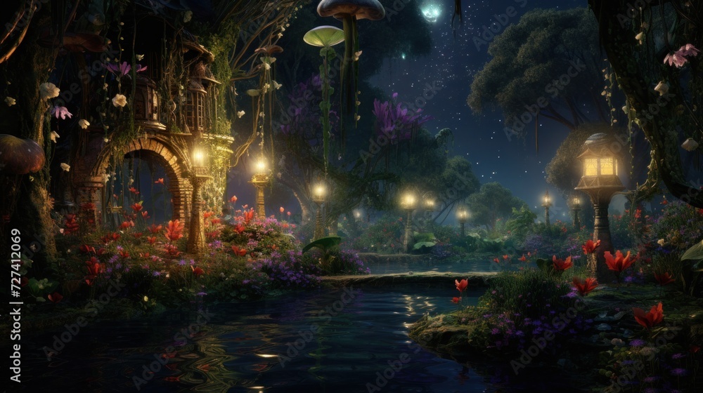 Enchanted garden at night with magical lights and exotic plants. Fantasy landscape. Enchanted garden at night with magical lights and exotic plants. Fantasy landscape.
