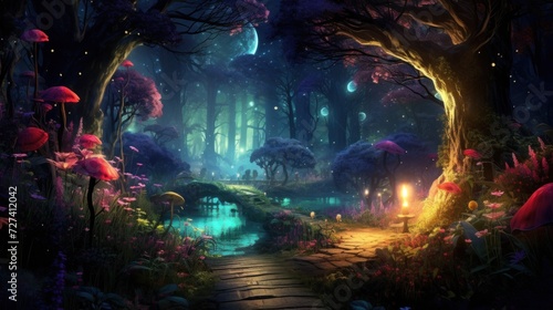 Enchanted forest pathway with mystical lighting and fantasy ambience. Magic and fairy tale setting.