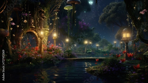 Enchanted garden at night with magical lights and exotic plants. Fantasy landscape.