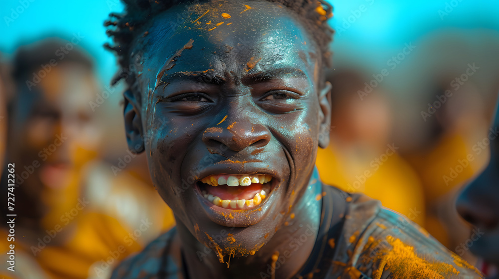 an african aggressive rugby player on the pitch screaming, he is holding a rugby ball an african aggressive rugby player on the pitch screaming, he is holding a rugby ball