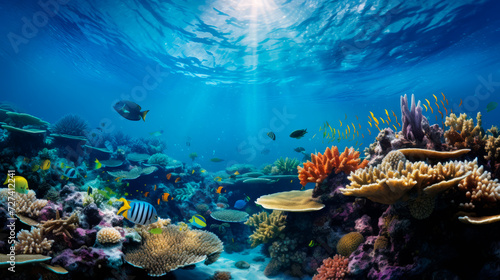 A tranquil underwater landscape rich in diverse coral colorful reefs and teeming with marine life with schools of fish in the marine ocean. biodiversity of ocean life. Environmental conservation © stateronz