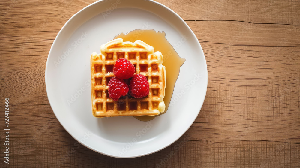 Golden brown waffle topped with raspberries and maple syrup on white plate Golden brown waffle topped with raspberries and maple syrup on white plate
