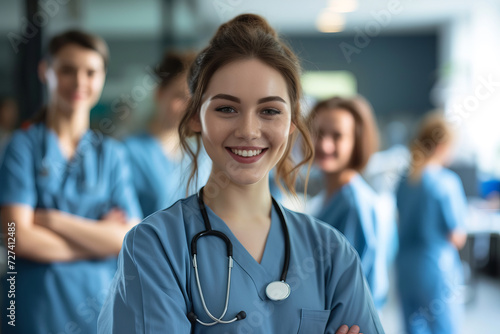 female doctor nurse portrait shot smiling cheerful confident standing front row in medical training class or seminar room background. Medical, professional and portrait of a happy female doctor