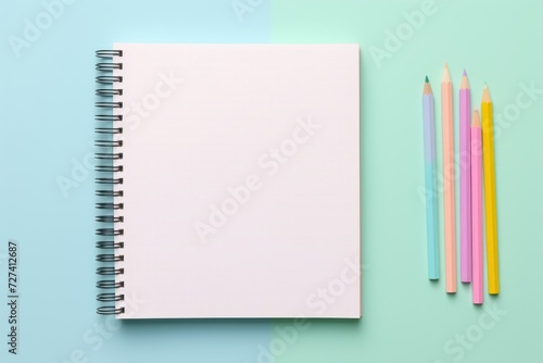 WHITE sheet of notebook and pencil mockup. pastel background. List, notes, daily routine. notebook