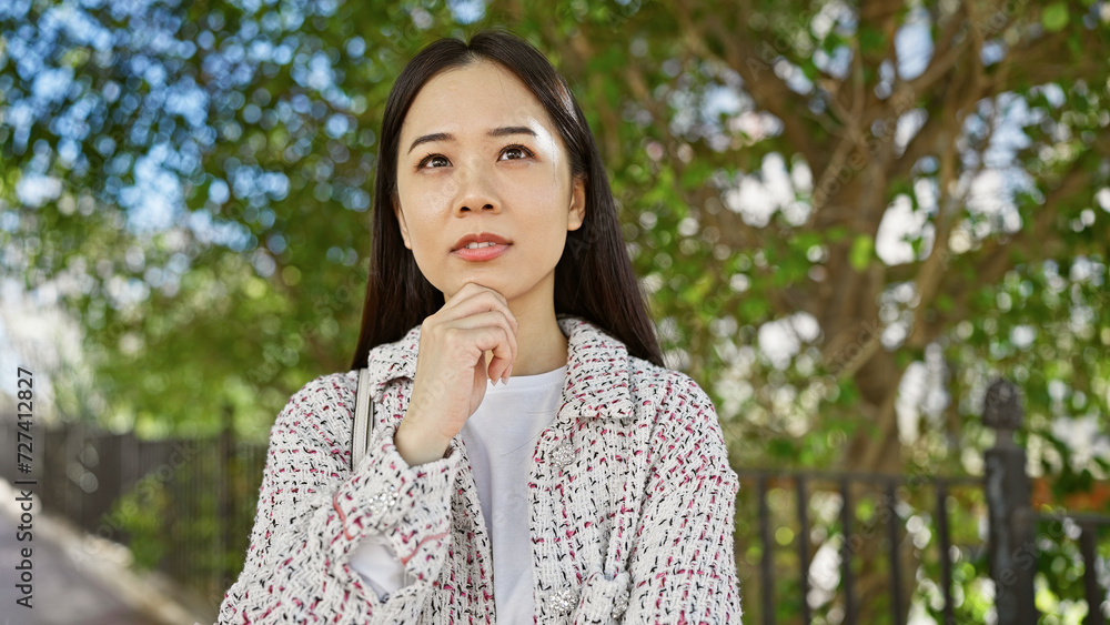 A thoughtful young asian woman stands outdoors amidst greenery, expressing curiosity and introspection. A thoughtful young asian woman stands outdoors amidst greenery, expressing curiosity and introspection.