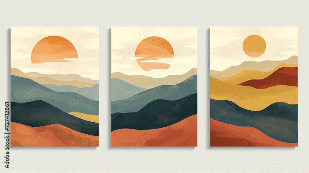 Abstract contemporary mid century aesthetic sunrise boho style landscapes background. Generated AI