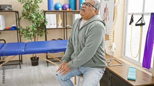 A mature man experiencing discomfort sits in a rehab clinic, showcasing healthcare in an indoor setting.