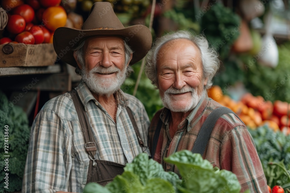 Two men sporting cowboy and sun hats share a smile as they stand in a local produce market, surrounded by vibrant fruits and vegetables, promoting a healthy, natural and vegan diet Two men sporting cowboy and sun hats share a smile as they stand in a local produce market, surrounded by vibrant fruits and vegetables, promoting a healthy, natural and vegan diet