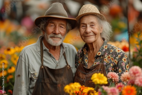 A stylish man and woman stand outdoors, wearing hats and a smile, as they admire a beautiful flower and the warm sun © Larisa AI