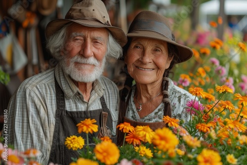 A fashionable man and woman share a loving smile in a garden filled with vibrant flowers, both wearing stylish sun hats as they enjoy the beauty of nature together © Larisa AI