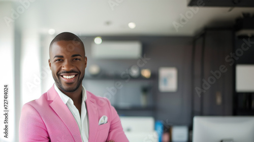 Fashion profile portrait of stylish african man with fashionable pink jacket on office background. Portrait of a handsome man in a pink jacket. Smiling black man stares at camera