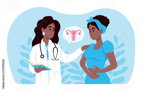 A black family doctor talks to a patient with uterine endometriosis. Endometriosis Awareness Month Poster Design