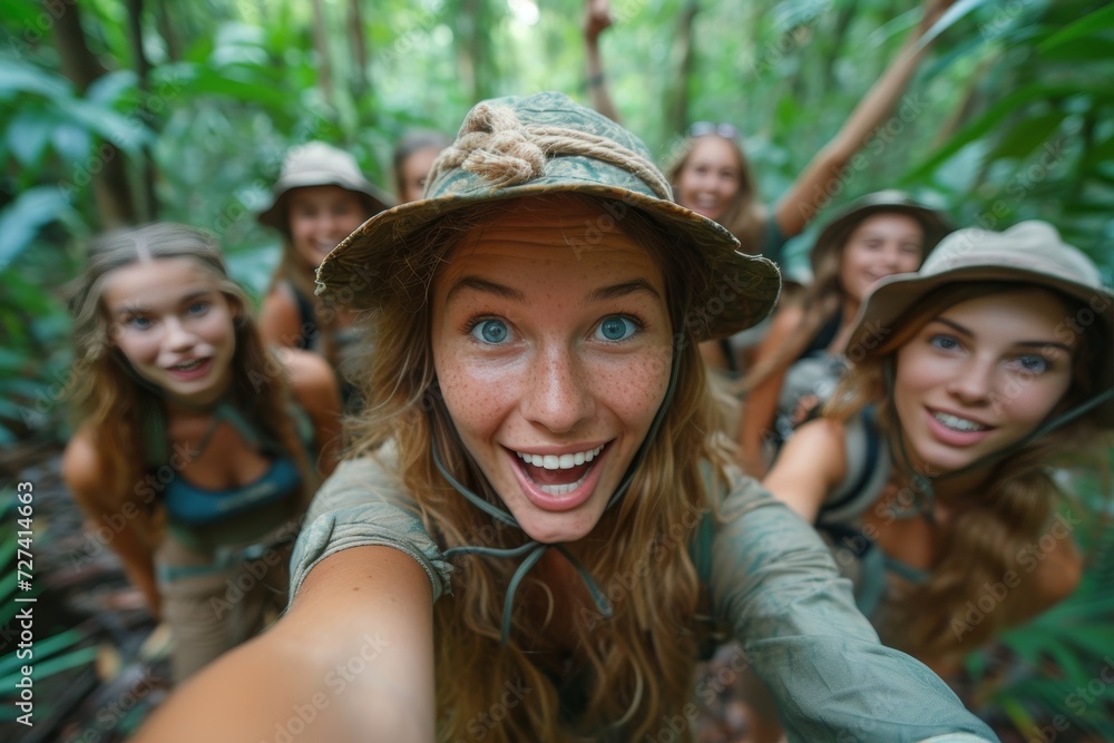 A joyful group of women adorned in fashionable hats and clothing smile among the trees in a vibrant forest A joyful group of women adorned in fashionable hats and clothing smile among the trees in a vibrant forest