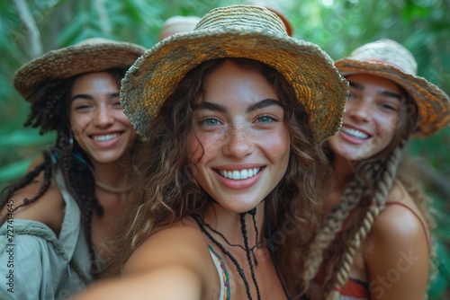 A group of smiling women radiate joy and fashion sense as they don their stylish sun hats and pose confidently in the great outdoors