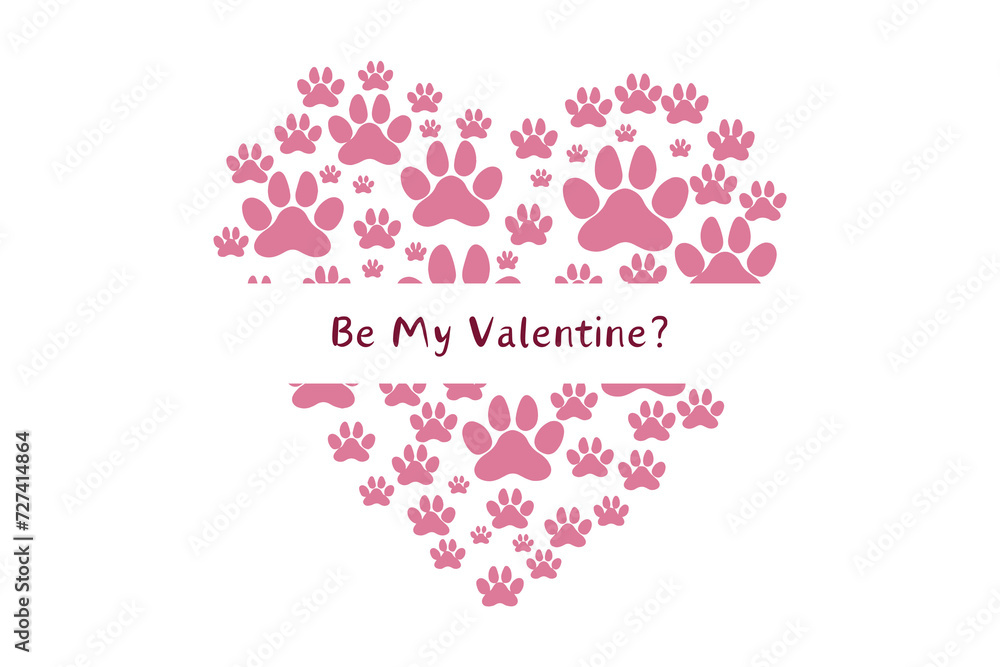 Modern design Happy Valentine's day, be my valentine with a cat. Valentine card, voucher, poster, cover flyer with white hearts frame. Pink paws heart. Be my Valentine printable card.