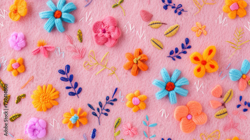 Vibrant embroidery patterns with various flowers on felt background © Klay
