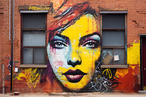 Urban vibe: graffiti textures and colorful street art on distressed brick walls photo