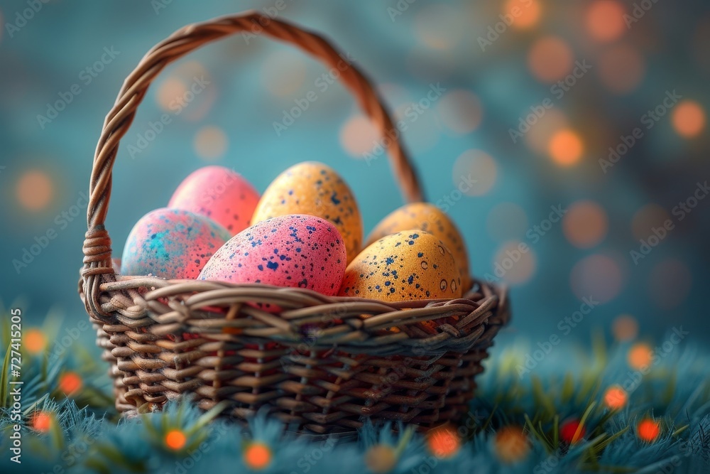 A festive easter basket brimming with vibrant eggs, waiting to be discovered and enjoyed A festive easter basket brimming with vibrant eggs, waiting to be discovered and enjoyed