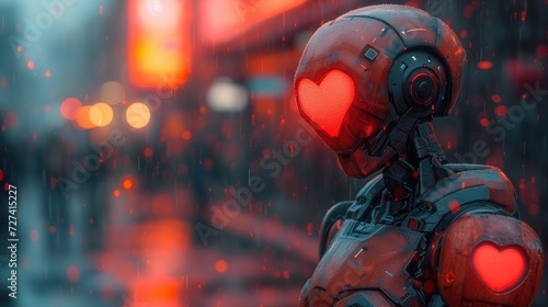 Robot w deszczu z sercem na twarzy i zbroi metalowej.